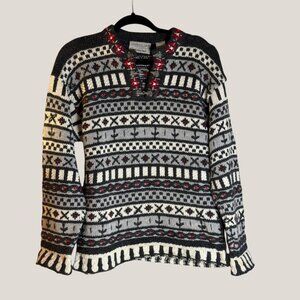 Northern Isles Women’s Fair Isle Knit Sweater – Black/Gray/Red, Medium